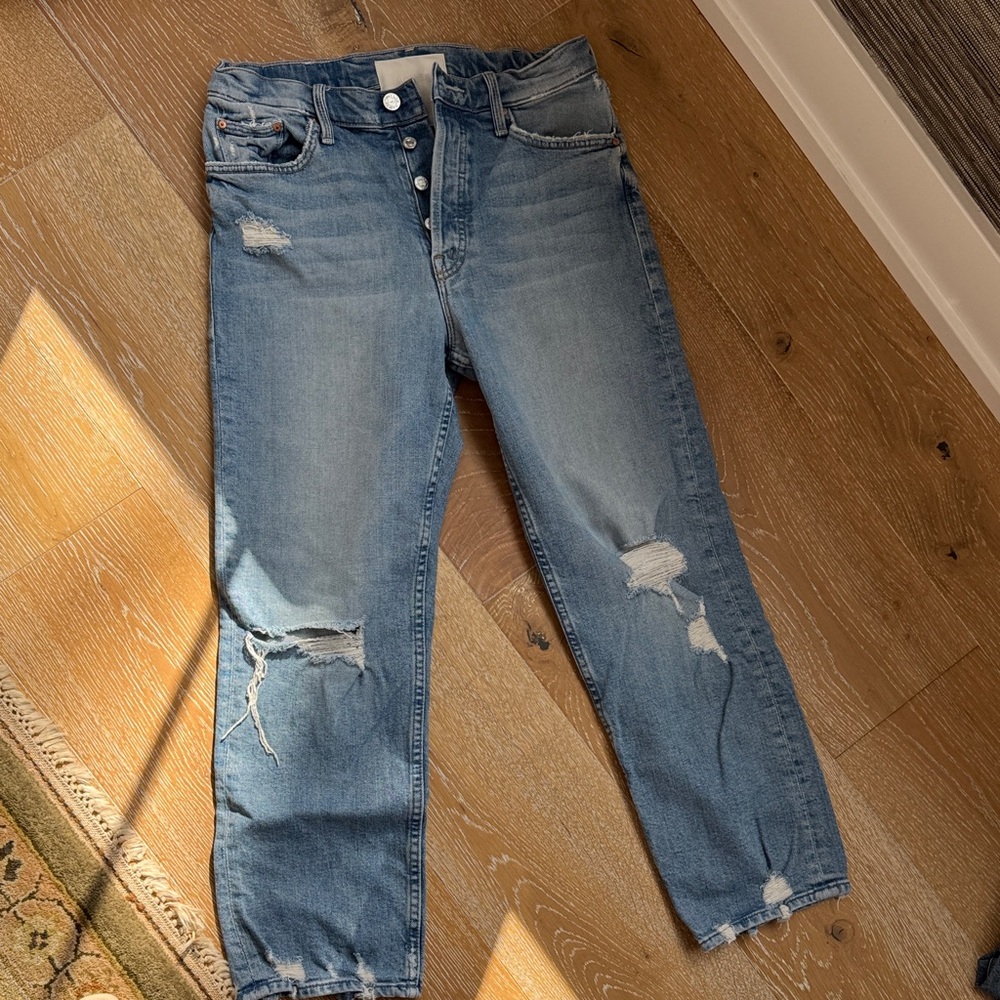 Mother Distressed Light Blue Button-Fly Jeans